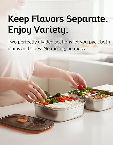 Miniatura 4 de Boxiki Kitchen Lonchera Bento de 2 piezas, a prueba de fugas, sin BPA, apta para microondas y lavavajillas, con compartimentos, caja Bento