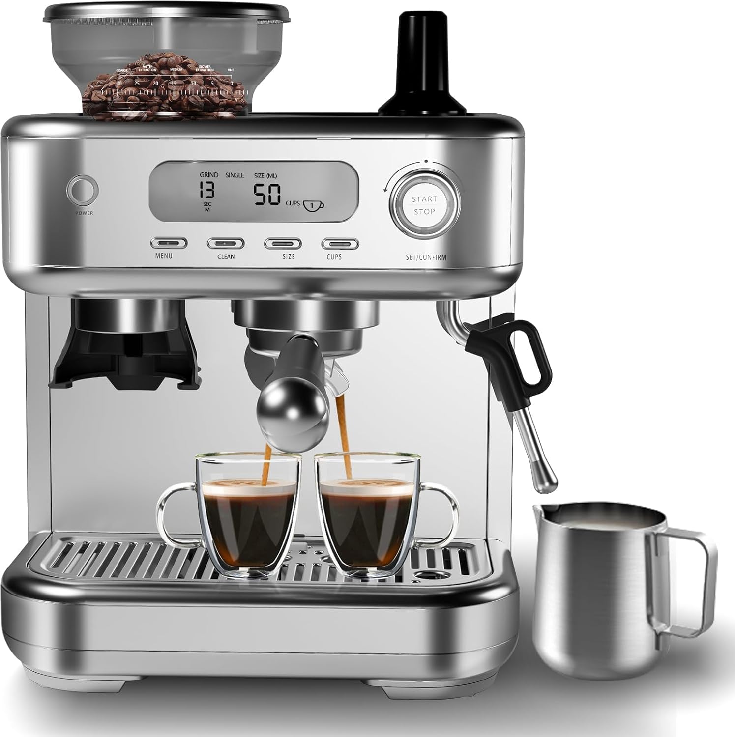 20 Bar Espresso Coffee Machine with Built-in Grinder & LCD Display, PID Temp Control, Powerful Milk Frother, 8.8oz Bean Hopper – Professional Stainless Steel Coffee Maker for Latte & Cappuccino