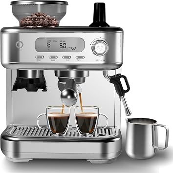 20 Bar Espresso Coffee Machine with Built-in Grinder & LCD Display, PID Temp Control, Powerful Milk Frother, 8.8oz Bean Hopper Professional Stainless Steel Coffee Maker for Latte & Cappuccino