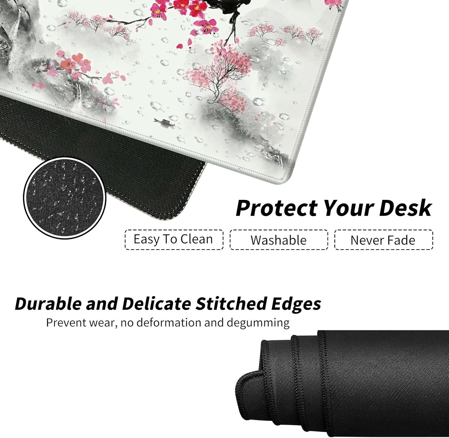 Keyboard Mouse Pad Set,Large Mouse Pad + Keyboard Wrist Rest + Mouse Wrist Rest + Coaster,4Pcs(31.5×11.8 in) XL Desk Mat，Ergonomic Memory Foam,Easy Typing Pain Relief,Japanese Cherry Blossom