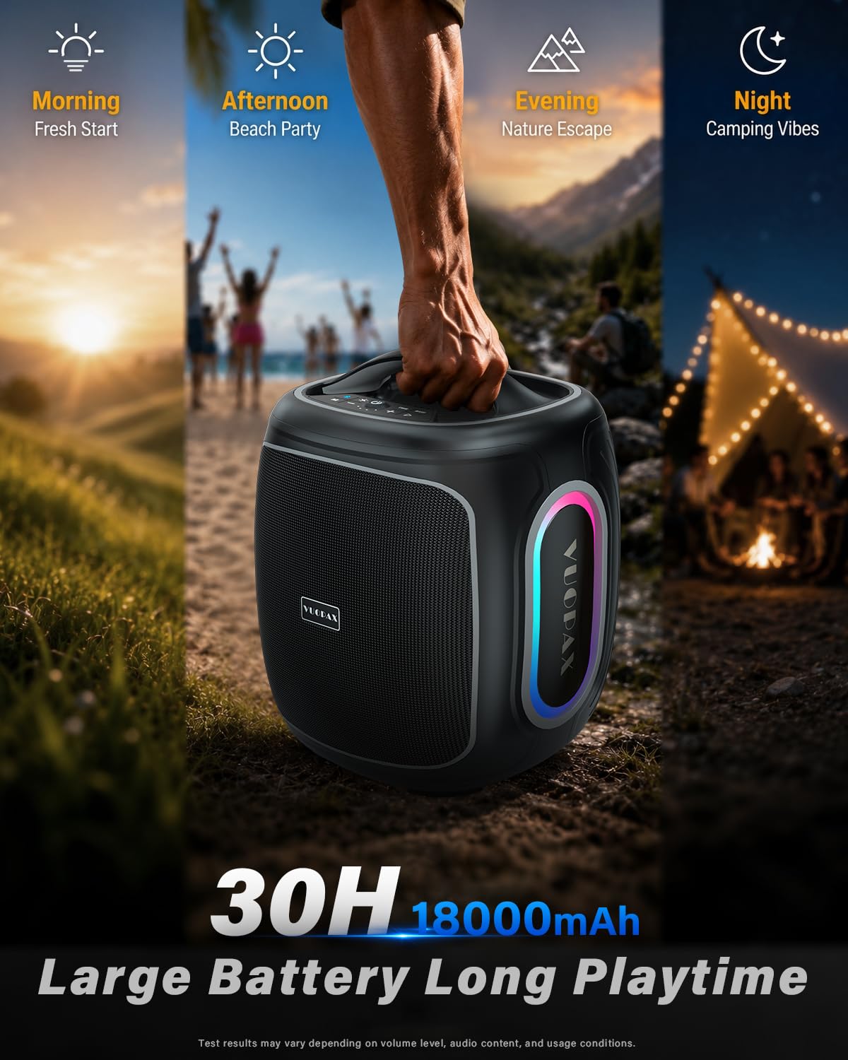 Enceinte Bluetooth Puissante 120W Crête, Grande Enceinte avec Basses Renforcées, Poignée de Transport, Autonomie 30h, Bluetooth 5.4, IP65 Étanche, TWS, RGB, pour Camping, Jardin et Fête