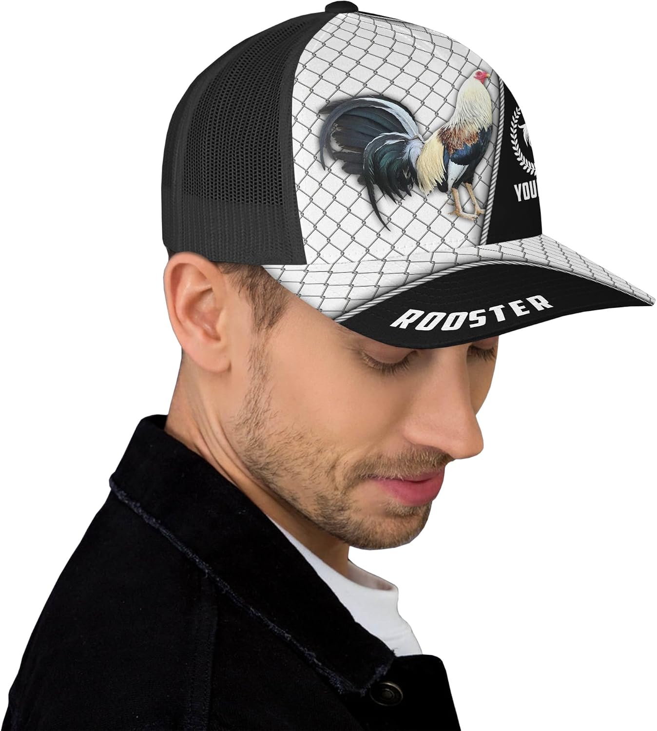 Men's Rooster Trucker Hat Creat Own Own Mexican Eagle Flag Mesh Back Caps with Name Rooster Gift Idea for Man Guy Him