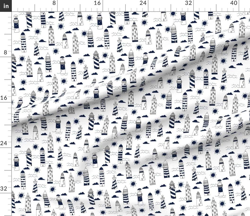 Spoonflower Fabric - Navy White Summer Nautical Ocean Sea Lighthouse Kids Printed on Petal Signature Cotton Fabric by The Yard - Sewing Quilting Apparel Crafts Decor
