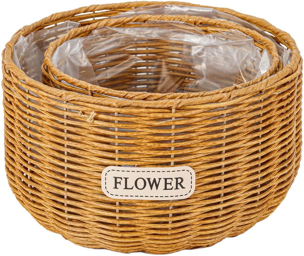 THY COLLECTIBLES Set of 2 Woven Wicker Planter Baskets with Plastic Lining, 2 Multipurpose Storage Baskets for Plants, Flowers, Toys Rustic Farmhouse Plant Pot Containers (Tan)