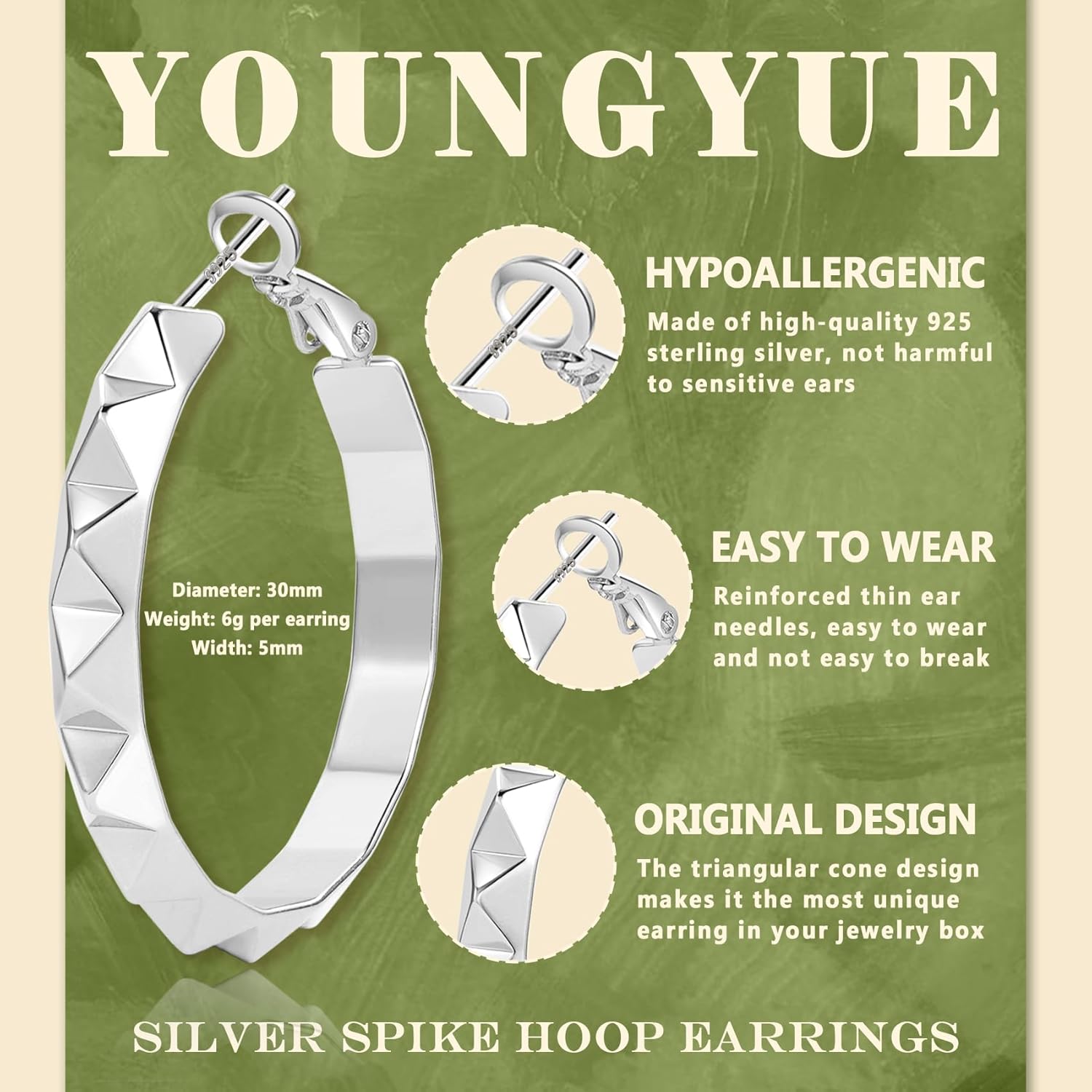 YOUNGYUE 30mm Gold Hoop Earrings for Women Hypoallergenic 925 Sterling Silver Hoop Earrings Lightweight Spike Gold Earrings for Women - Image 2