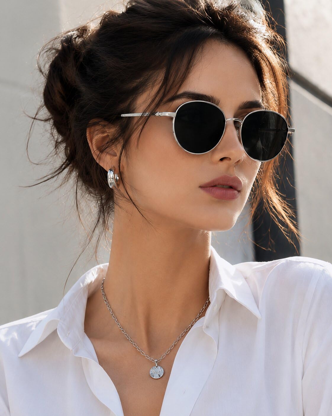 hayden haiza Women's Round Sunglasses, Silver Metal Frame, Black Lens, Retro Style-picture-11