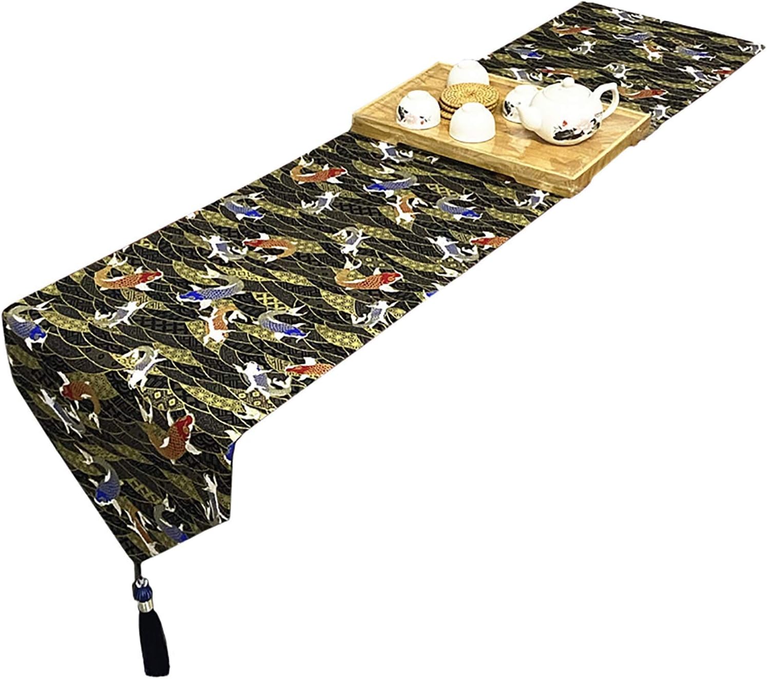 Cotton Line Tassel Table Runner Black Gold Fish Printing Fabric Home Kitchen Dining Anti-Slip Table Cloth Anti-Wrinkle Mat (Size : 33×120cm)