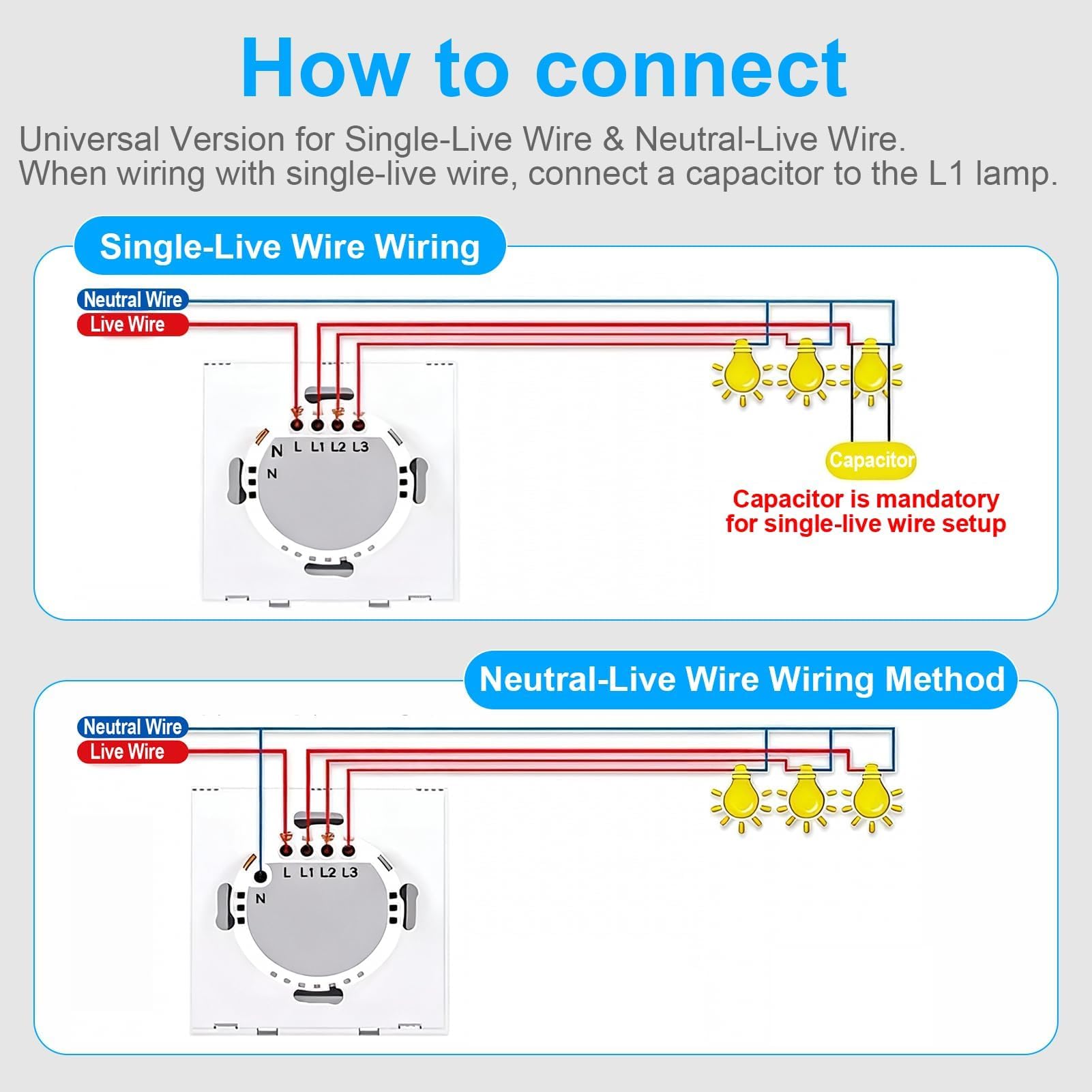 Interruptor WiFi Inteligente Táctil de Pared, 1 Vía 1 Gang, Compatible con Alexa, Google Home y Tuya Smart Life, Requiere Neutro, Panel de Cristal, 86 x 86 mm, Blanco