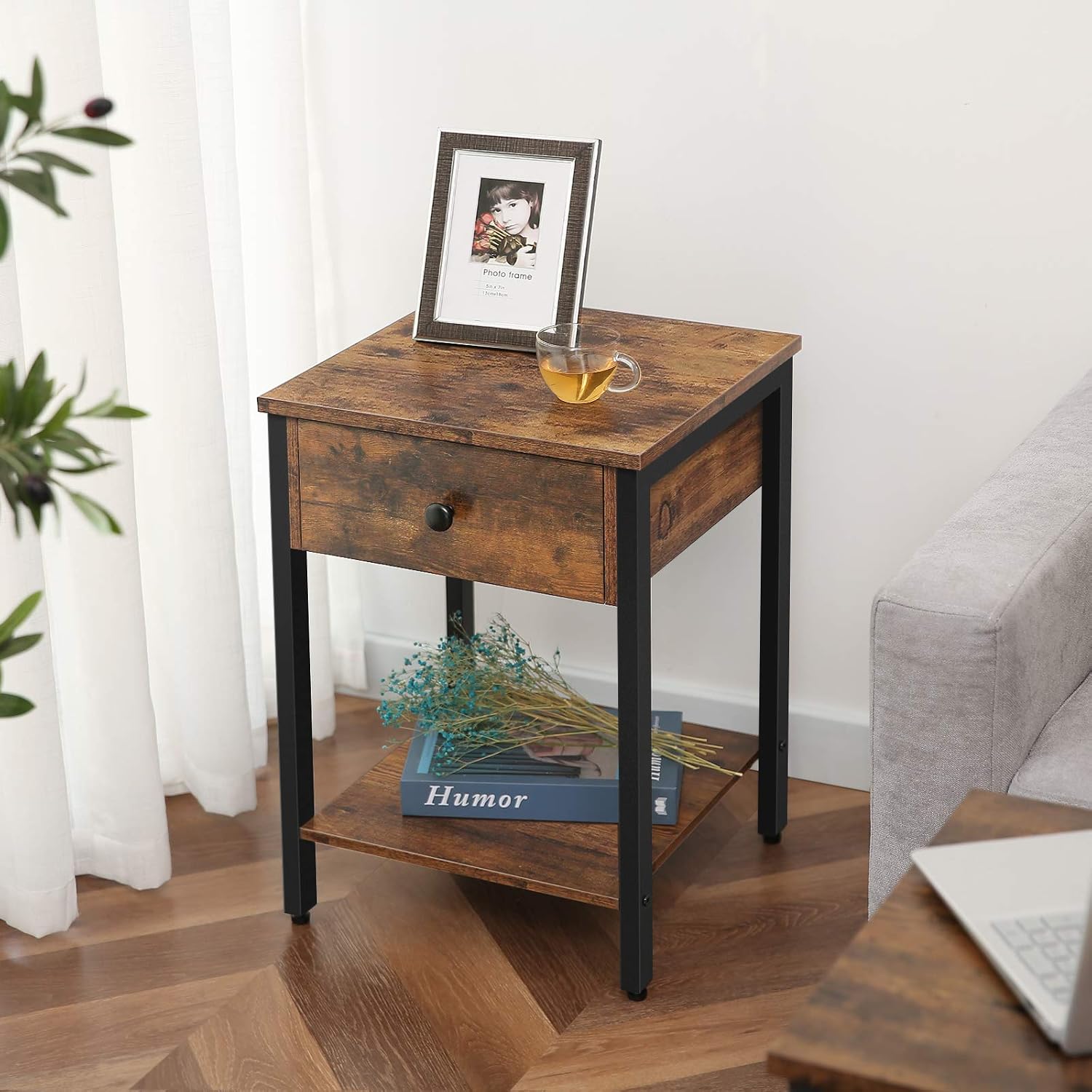 HOOBRO Nightstand, 2-Tier End Table, Industrial Side Table with Drawer and Storage Shelf, Wooden Accent Table with Metal Frame, for Living Room, Bedroom, Easy Assembly, Rustic Brown and Black BF40BZ01