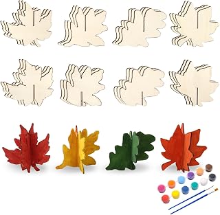 32 Pcs DIY 3D Fall Wood Crafts Autumn Maple Leaves Cutout with Pigment Palette Unfinished Wooden Slices for Thanksgiving Party Home Office Painting Decorations