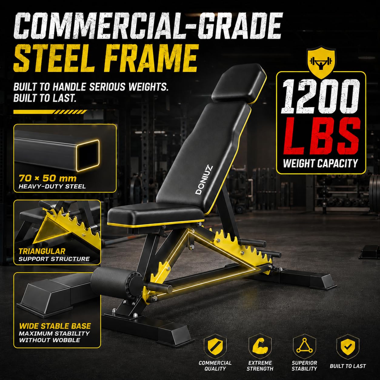 Adjustable Weight Bench for Home Gym, 1200LB Heavy Duty Commercial Workout Bench, Multi-Position Incline Decline Flat FID Bench Press with Headrest & Leg Rollers for Full Body Strength Training