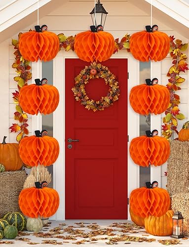 Miniatura 4 de 6 piezas de decoración de papel de panal de calabaza de otoño, calabazas de Acción de Gracias, centros de mesa colgantes de calabaza y panal, bolas