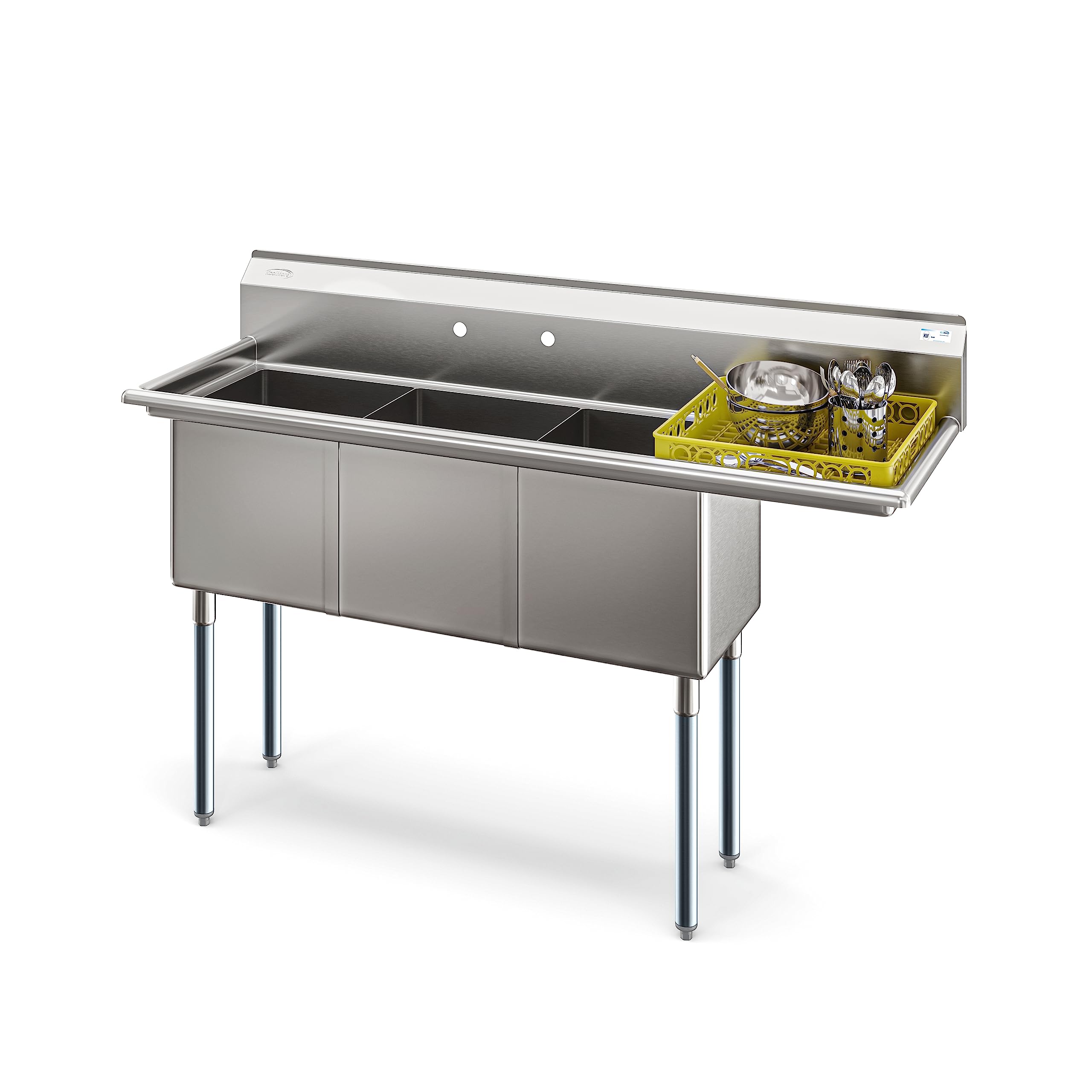 KoolMore 63 in. Three Compartment 16-Gauge Stainless-Steel NSF Commercial Kitchen Sink, Bowl Size 15x15x14, with Three Basins for Restaurants and Cafes with Right Drainboard (KM-SC151514-15R316)