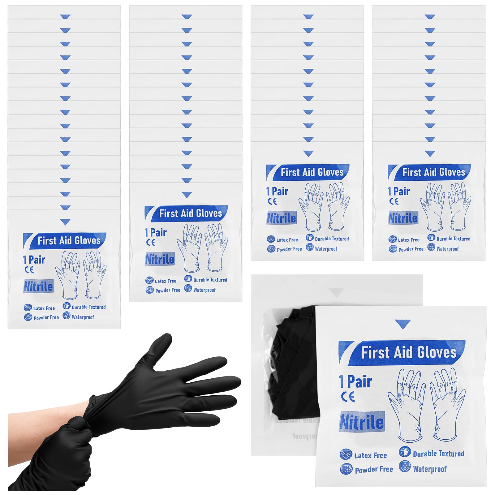 Chicingyou 50 pares de guantes desechables de emergencia empaquetados individualmente, guantes de viaje de nitrilo esenciales para traumatismos (negro)