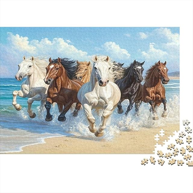 Puzzle Cinco Caballos 1000 Piezas 52x38cm Papel Reciclado para Adultos Arte Carrera en la Playa Difícil…