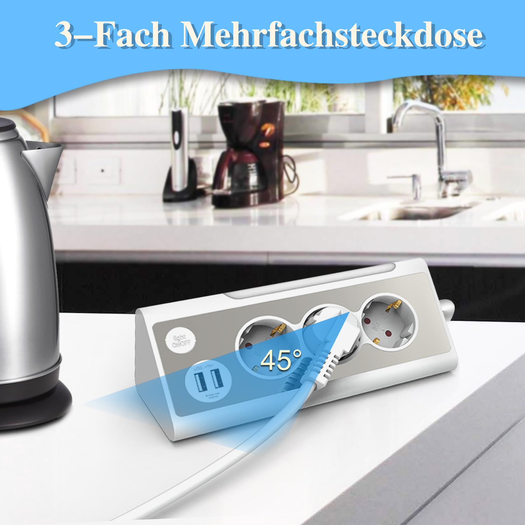 KS Mehrfachsteckdose,3-Fach Steckdosenleiste mit USB Und LED-Nachtlicht Tischsteckdose Edelstahlfrontplat Ecksteckdose, überspannungsschutz Steckerleiste für Küche (1,5m) (Packung mit 2)