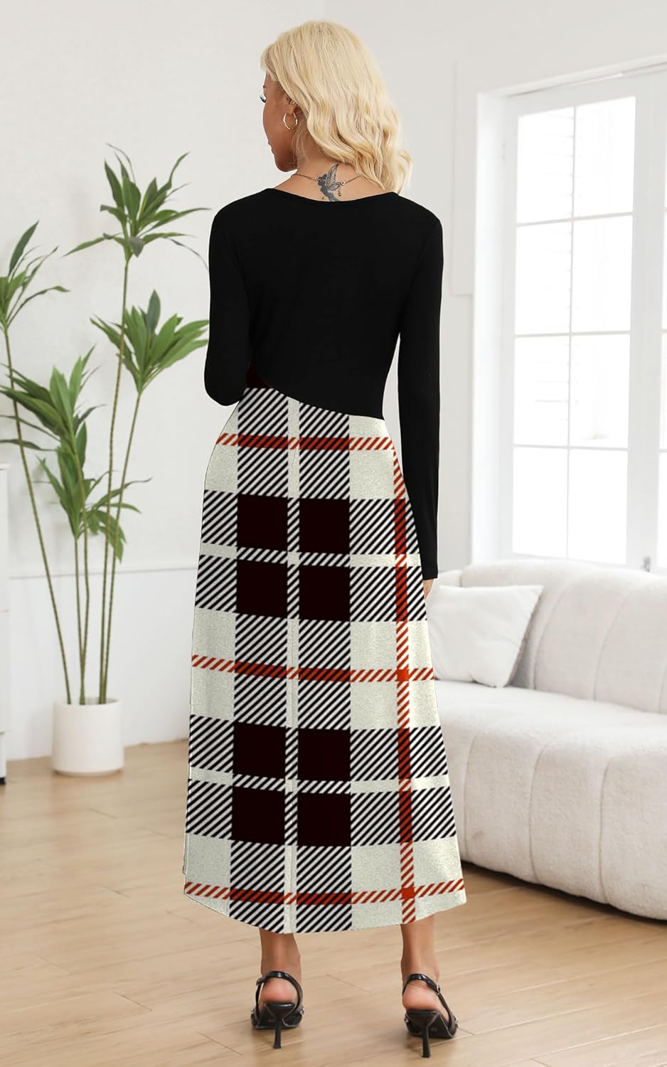 SAUKOLE Womens Maxi Dresses Casual Long Sleeve V Neck Empire Waist Dress Trendy Fall T Shirts Long Dress - Image 4