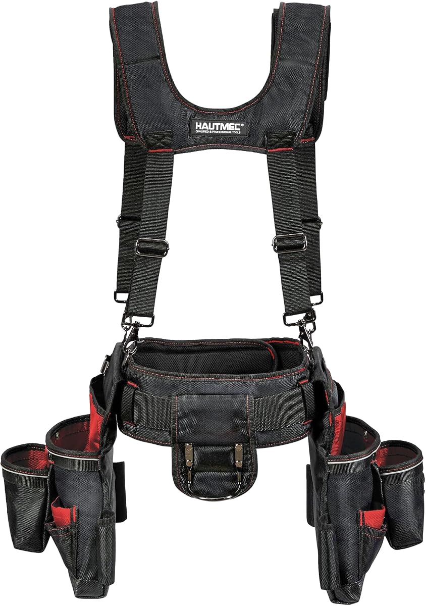 Heavy Duty Tool Belt with Suspenders, 19-Pocket Tool Belt Rig, 1680D Work Belt with Padded Waist & Shoulder Support, Hammer Holder, Tape Measure Clip & Phone Pouch (HT0400)