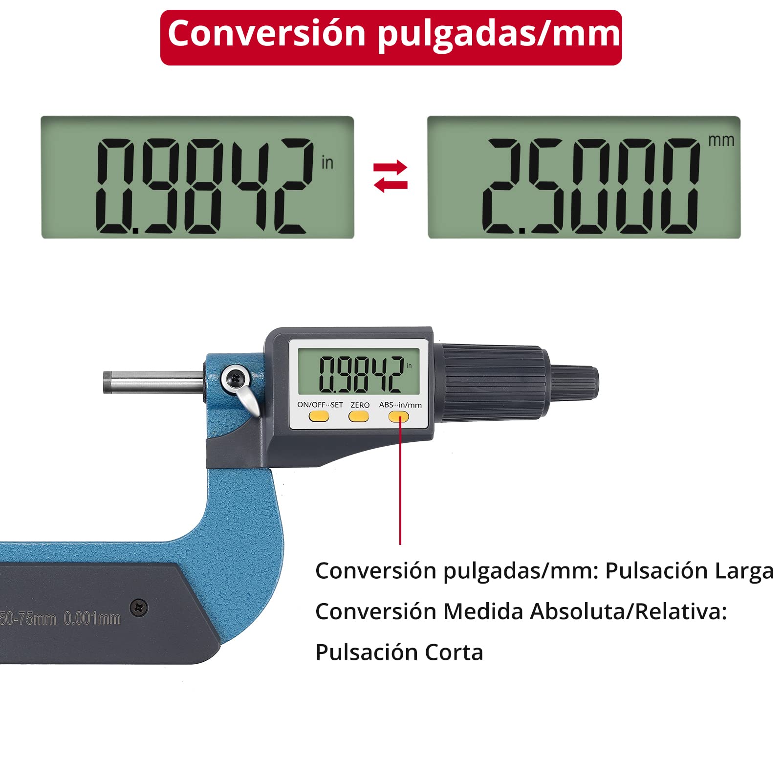 XUNTOP Micrómetro Digital 2-3 "/ 50-75 mm Micrómetro Digital de Alta Precisión LCD con Apagado Automático 0.00005"/0.001mm Micrómetro Mecánico Exteriores Calibre Electrónic de Acero Inoxidable