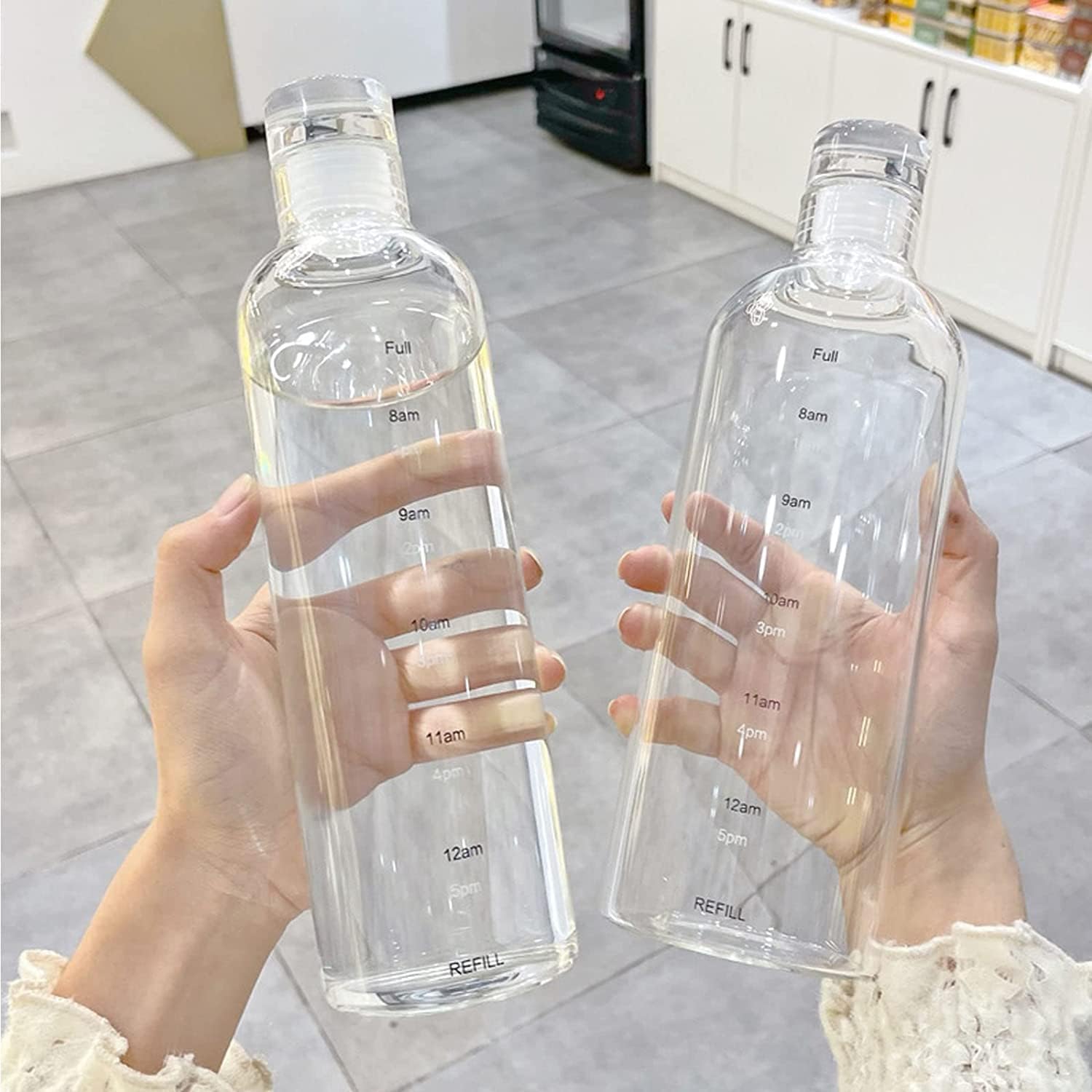 Snminetal Glass Water Bottles,With Time Marker， Non-slip Sleeve And Seal Lid, Drink Water Bottle 26oz，Suitable for office, Car, home, travel Hiking, fitness, as a gift, etc(750ML2PCS)