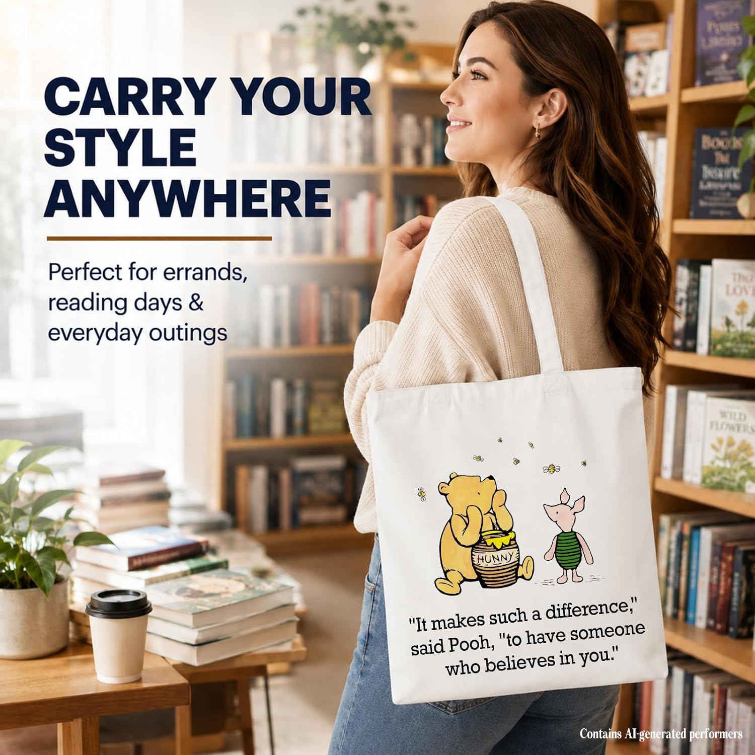 Cute Pooh Bear Aesthetic Reusable Tote Bag, Funny Gifts for Women Friends
