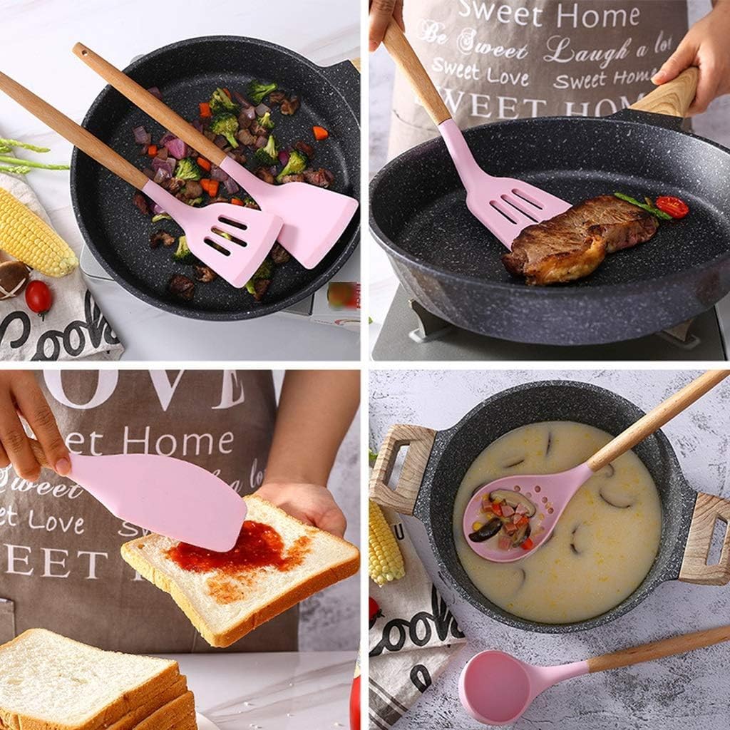 set di utensili da cucina, Set di utensili da cucina 9 pezzi in silicone - Utensili resistenti al calore Cucchiai con manico in legno