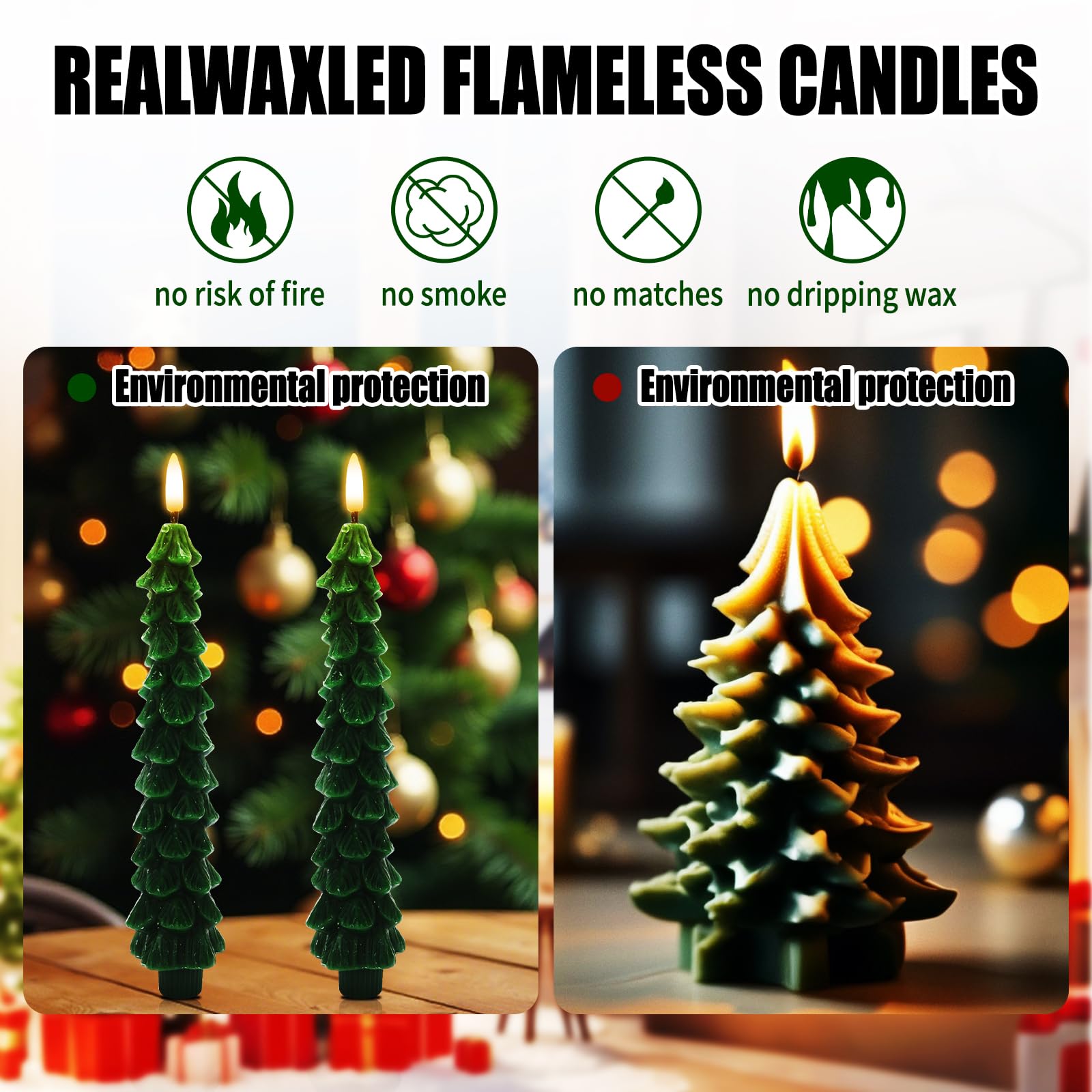 Roadtime, Candele per albero di Natale con telecomando e timer, 4 pezzi di candele LED in cera a bastoncino tremolanti, candele senza fiamma a batteria con stoppino 3D, candele verdi per decorazione