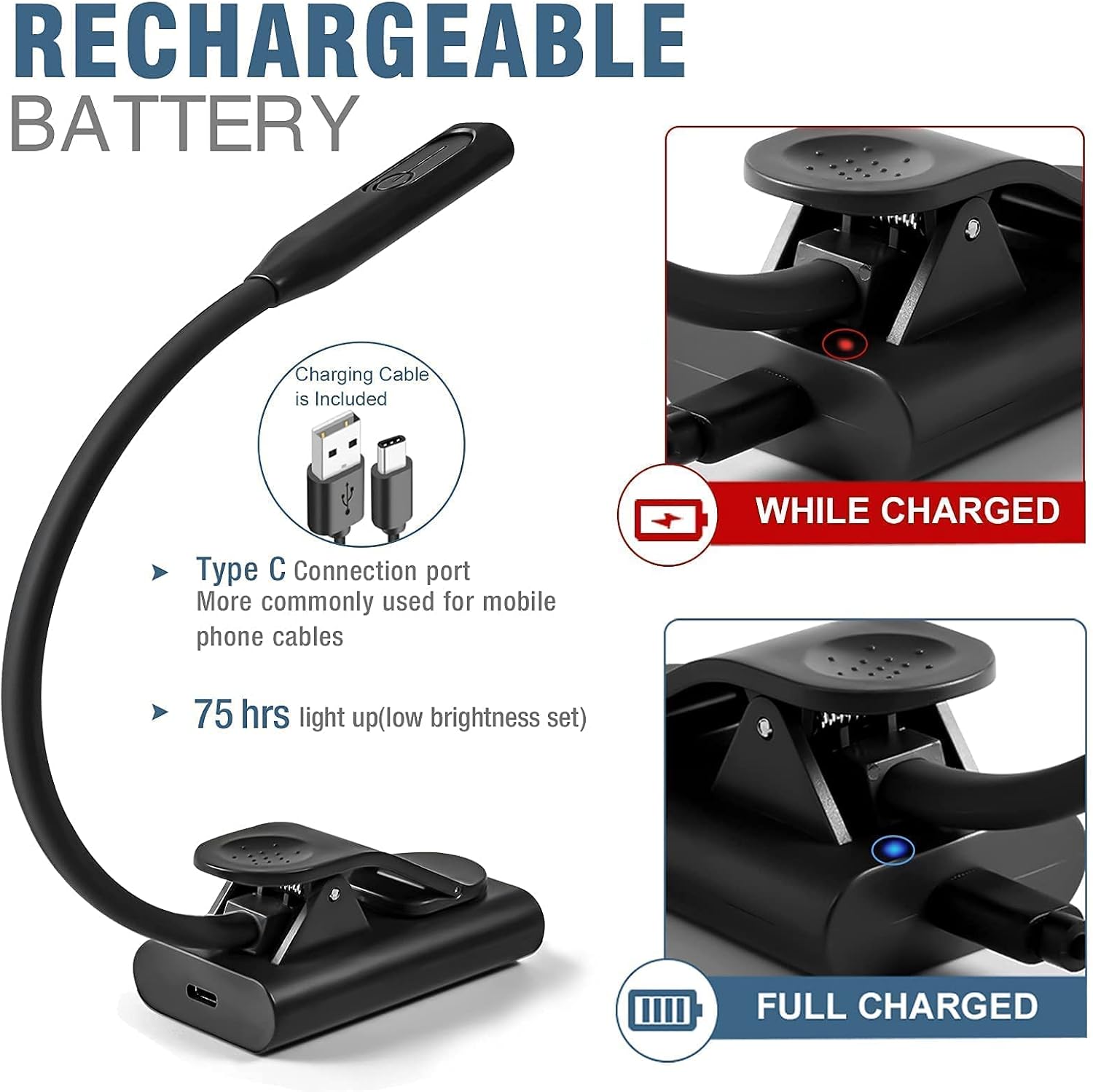 Vekkia Rechargeable Book-Light with USB-C, 3 Colortemperature × 3 Brightness, Reading Lights for Reading in Bed,Up to 75 Hours Lighting, Great for Readers & Travel (Black)