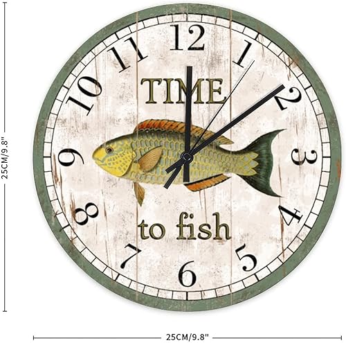 Miniatura 3 de Time to Fish Shabby Chic Wall Clock Blue Barred Parrotfish Beach Decor Ocean Animal Wooden Round Clocks 10Inch Battery Operated Retro Clocks Home
