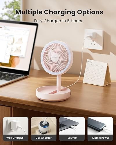 Miniatura 6 de Gaiatop Ventilador de escritorio pequeño plegable, ventilador portátil alimentado por batería de 6000 mAh con luz nocturna LED, recargable por USB,