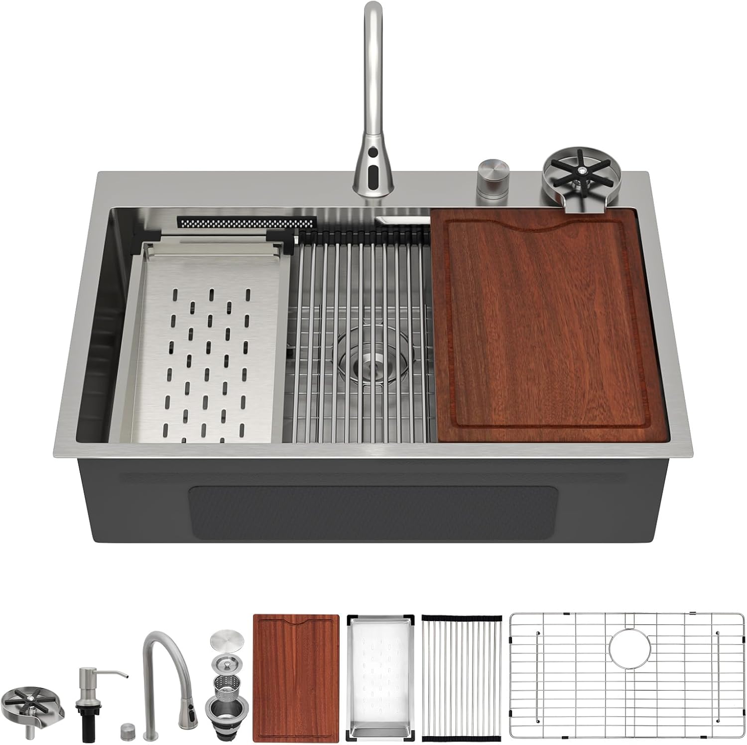 33 Inch Waterfall Drop In Kitchen Sink with Faucet, 33x22 Topmount Stainless Steel 16G Single Bowl Waterfall Kitchen Sink Workstation Include Glass Rinser and Soap Dispenser, LOF-WF33229 Brushed 33"x22"x9"