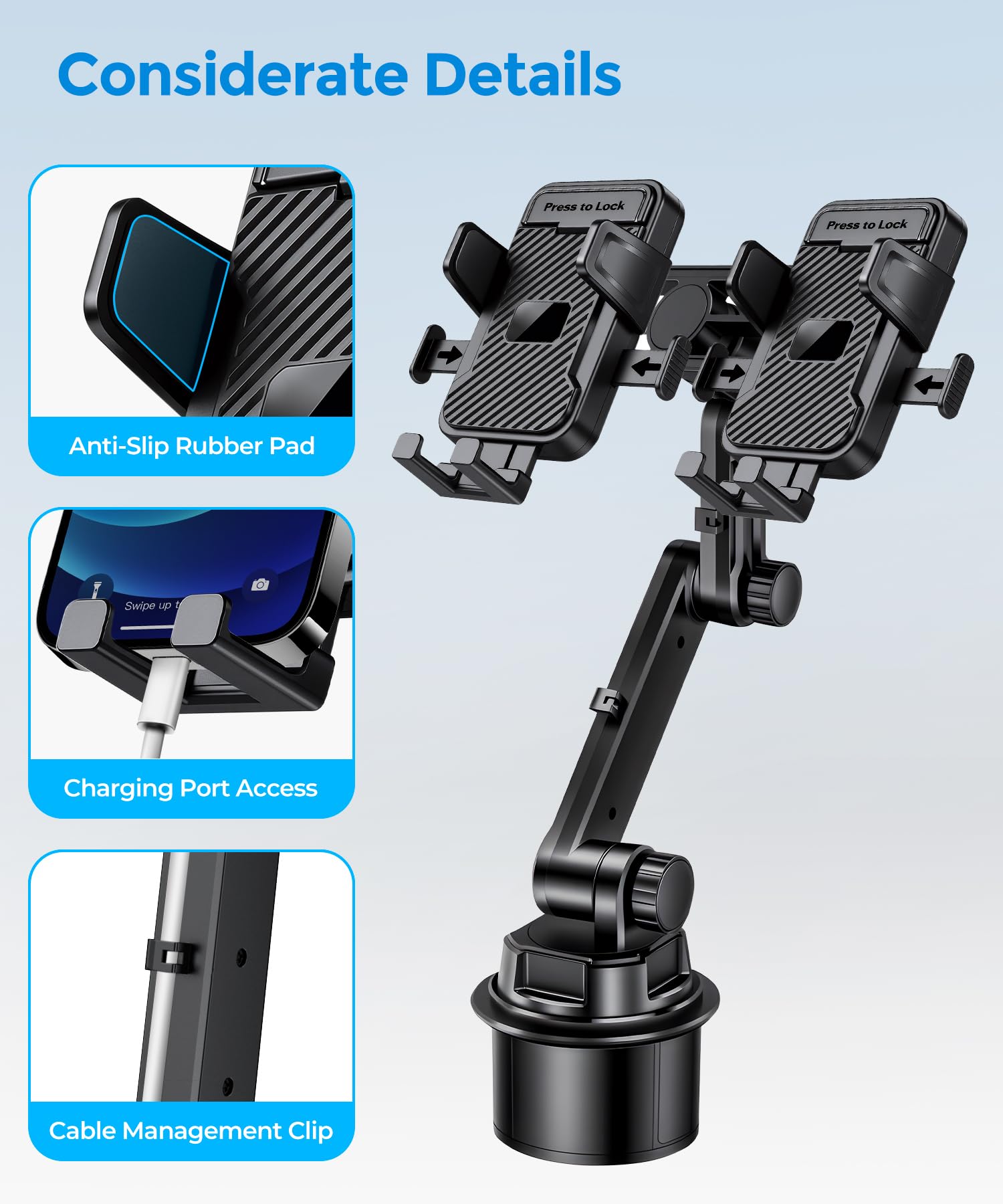 Soporte de teléfono de doble taza para coche, soporte de taza, sostiene 2 teléfonos simultáneamente, soporte universal imprescindible para coche, compatible con iPhone/Samsung/Motorola