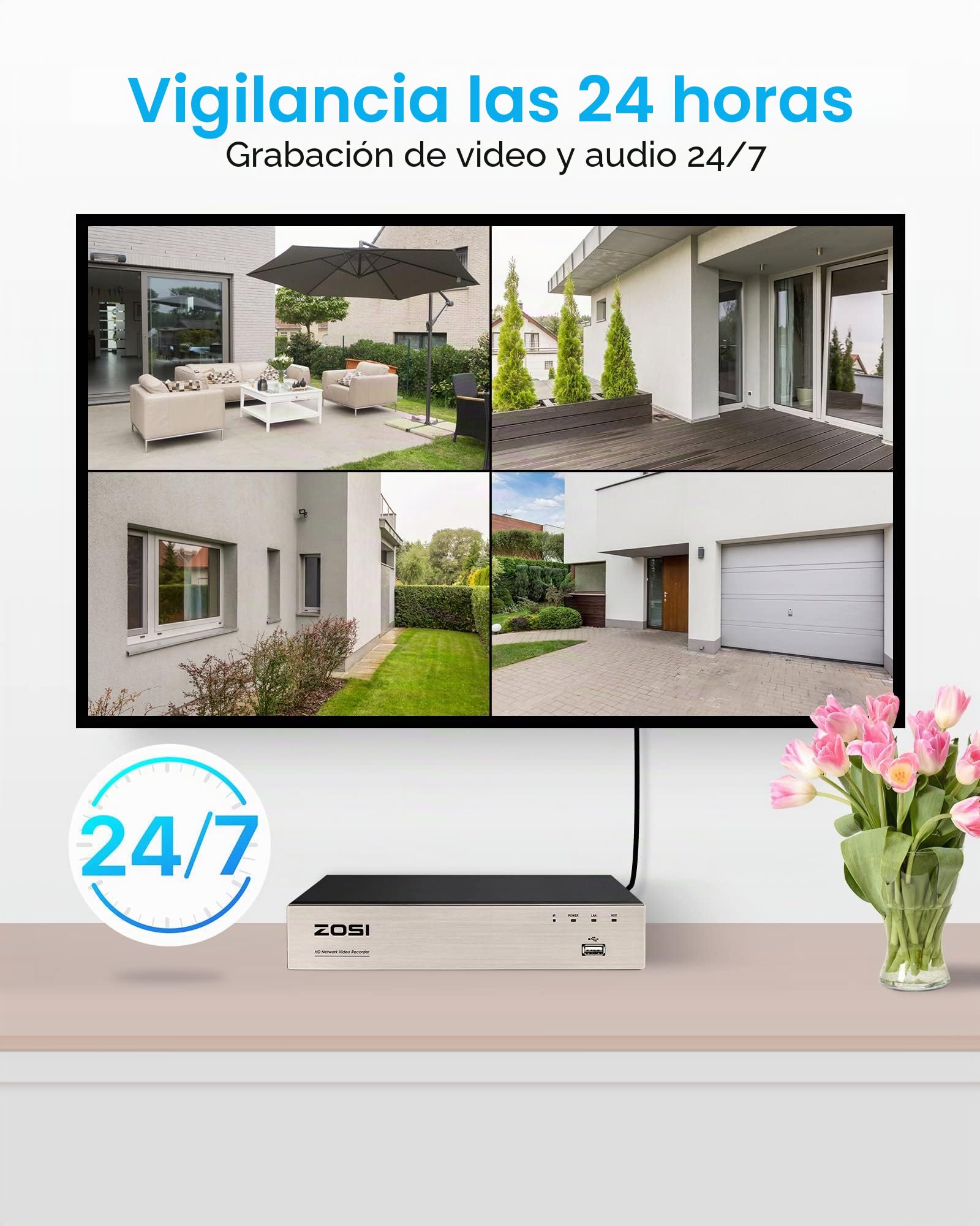 ZOSI Cámara de vigilancia PoE de 5 MP, 4 x 5 MP, HD, Color Exterior, visión Nocturna, Alarma de luz y Sonido, cámara para Sistema PoE NVR