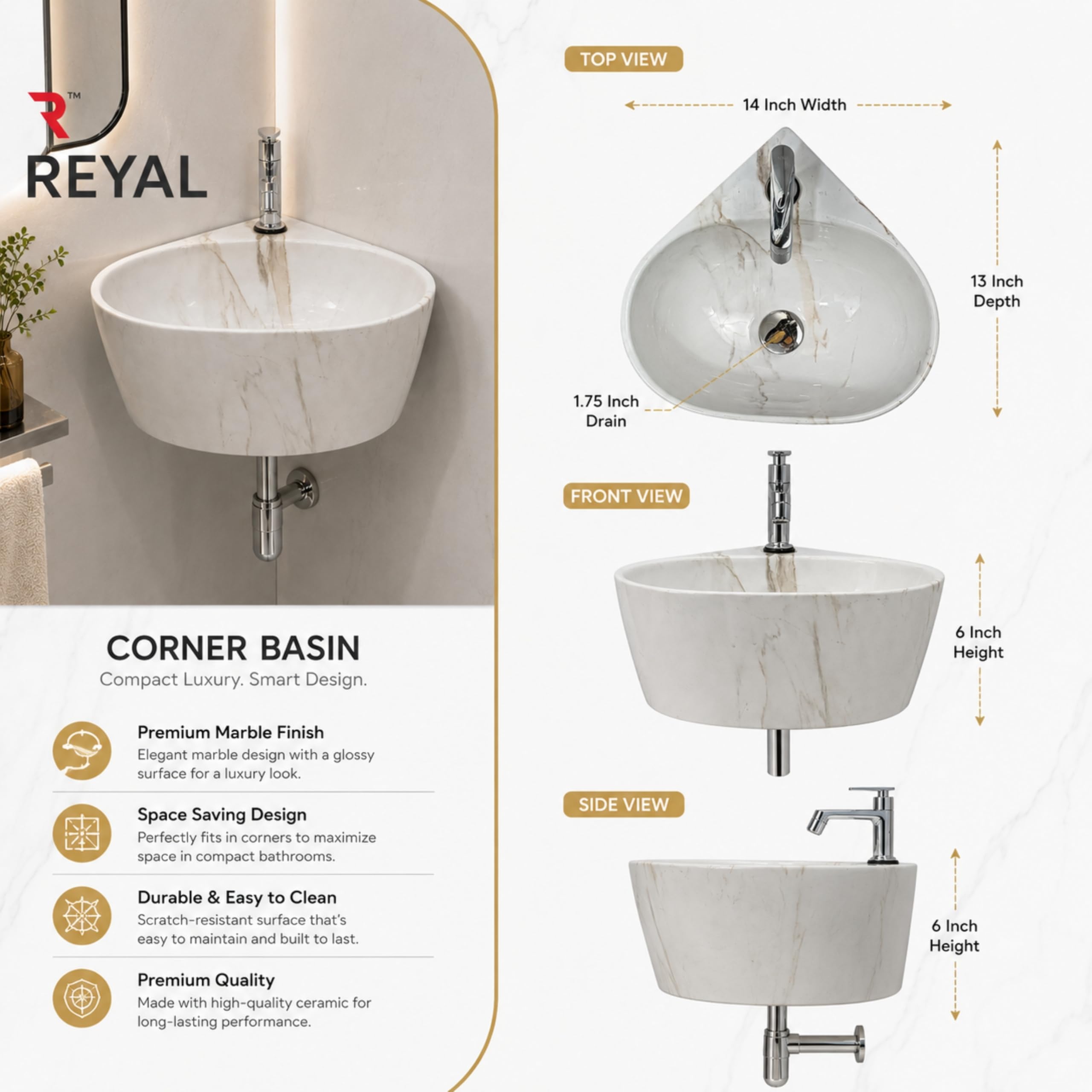 Reyal Corner Sink - Space-Saving Ceramic Wash Basin -4 Reyal Corner Sink - Space-Saving Ceramic Wash Basin -4