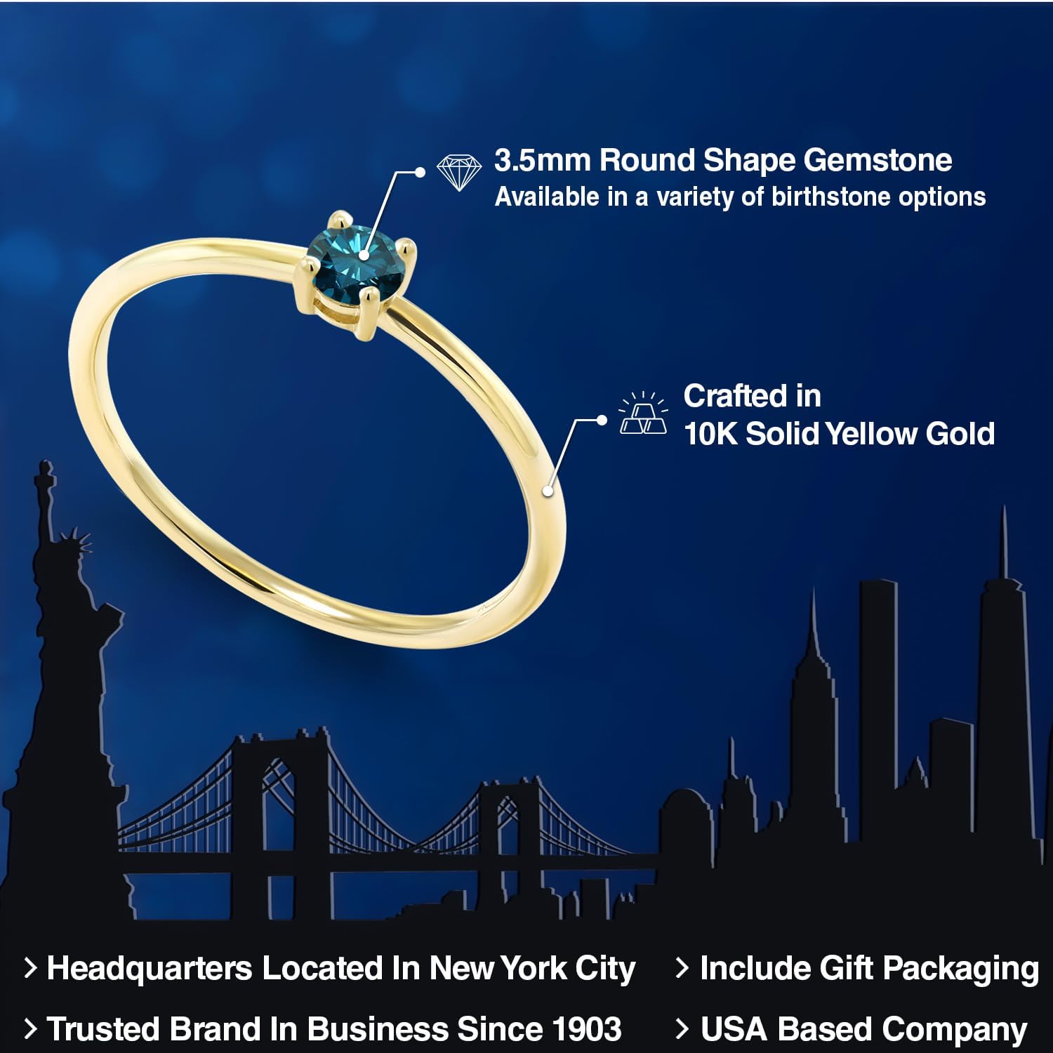 Gem Stone King 10K Yellow Gold 3.5MM Round Gemstone Birthstone Solitaire Engagement Ring | Wedding Anniversary Promise Gold Ring For Women | Available In Size 5, 6, 7, 8, 9