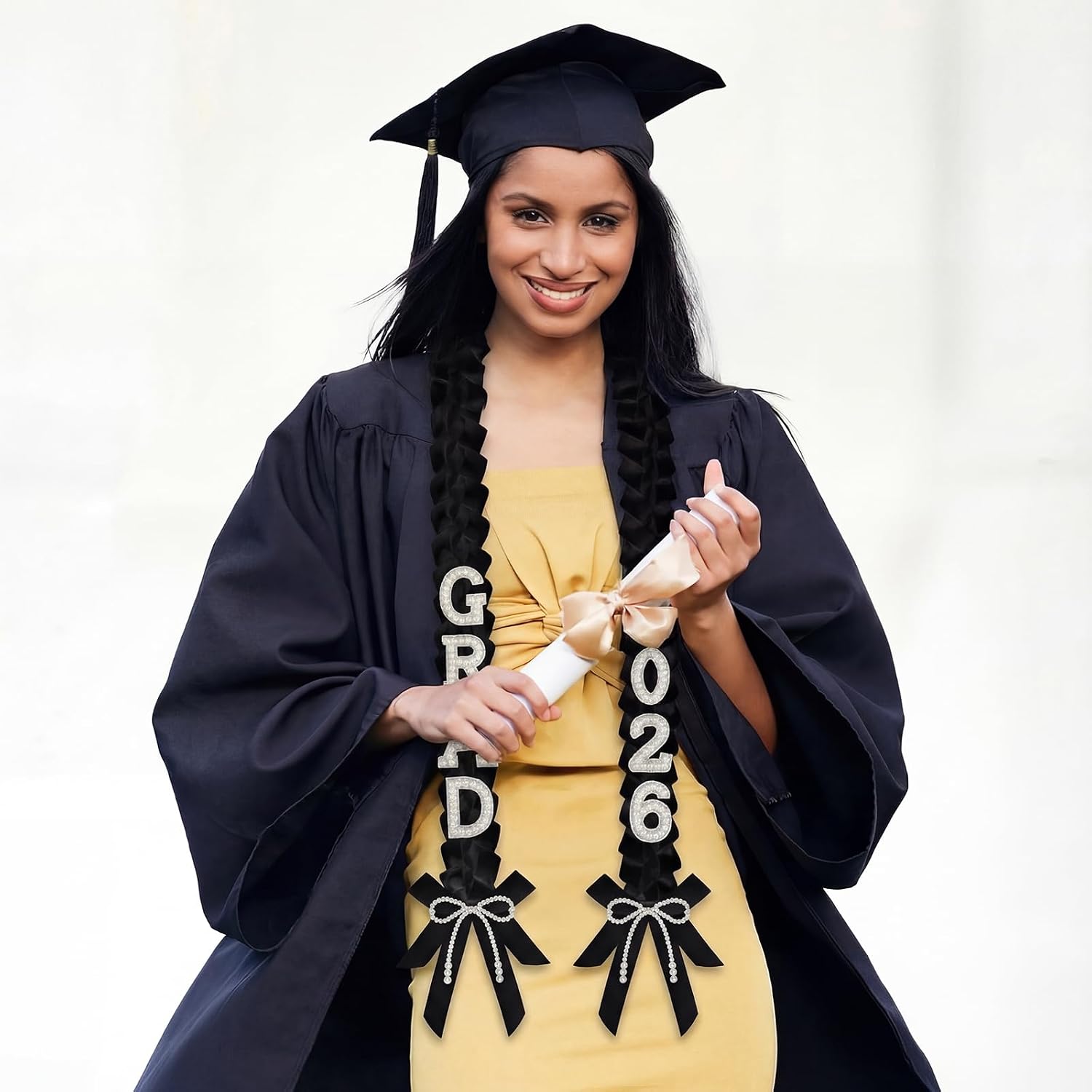 DIY Class of 2026 Graduation Leis with 30 Pearl Patches Letters and Numbers Graduation Money Leis Double Braided Ribbon Necklace for High School College 2026 Grad Party Decor(Black)