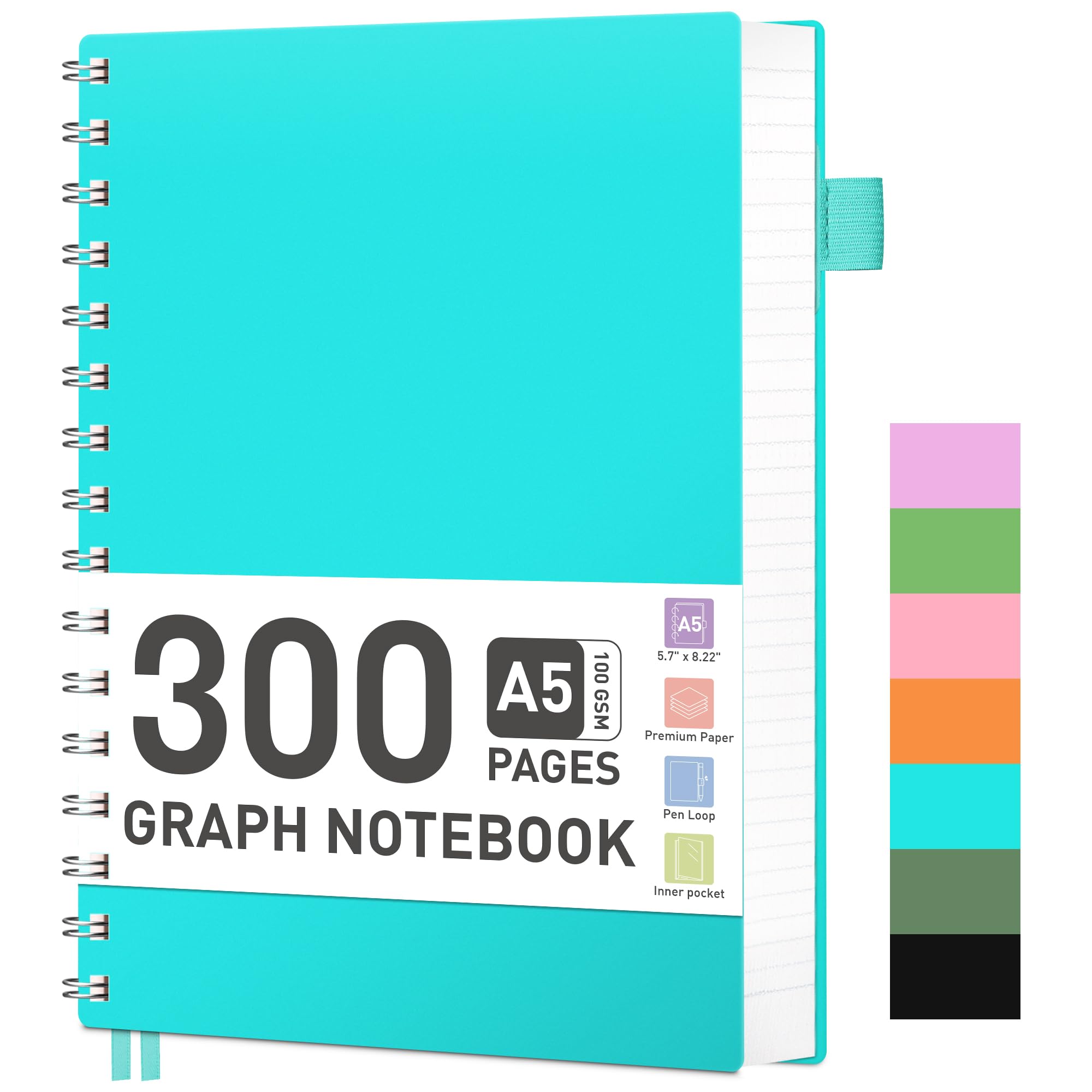 RETTACY Notebook A5 Squared 100 g/m² Paper 300 Pages Turquoise