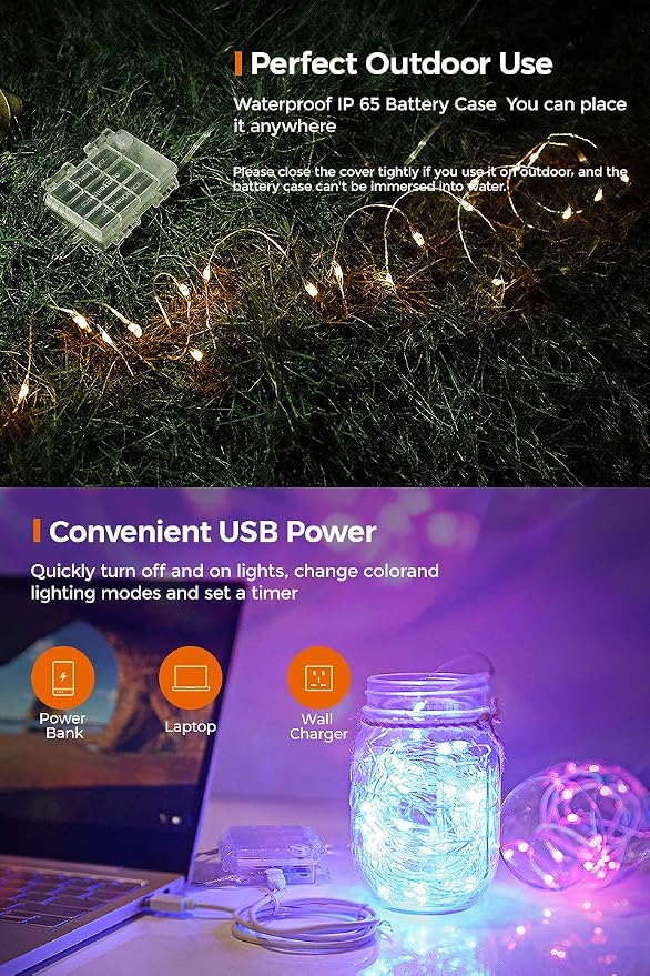 OMEGA 16.5ft 50 LEDs 16 Color Batería y USB Inv. Cuerda Luces, con Control Remoto Temporizador Impermeable Plata Brillante miniatura 4