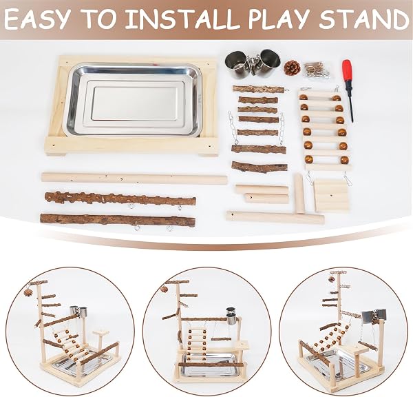 Honicemar Aves Juego Stand - Bird Playground Puesto de Madera para Loros Aves Stand con Percha Escalera Columpio Comedero Bandeja y Juguetes de Gimnasio de Ejercicios para Pájaros Pequeños y Medianos - 3