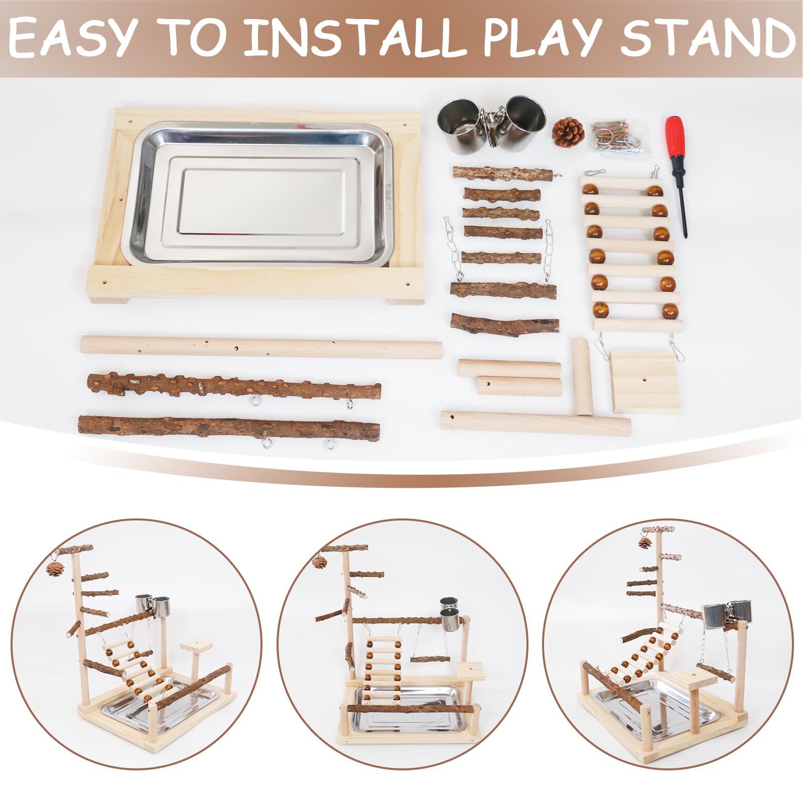 Honicemar Aves Juego Stand - Bird Playground Puesto de Madera para Loros Aves Stand con Percha Escalera Columpio Comedero Bandeja y Juguetes de Gimnasio de Ejercicios para Pájaros Pequeños y Medianos — view 3