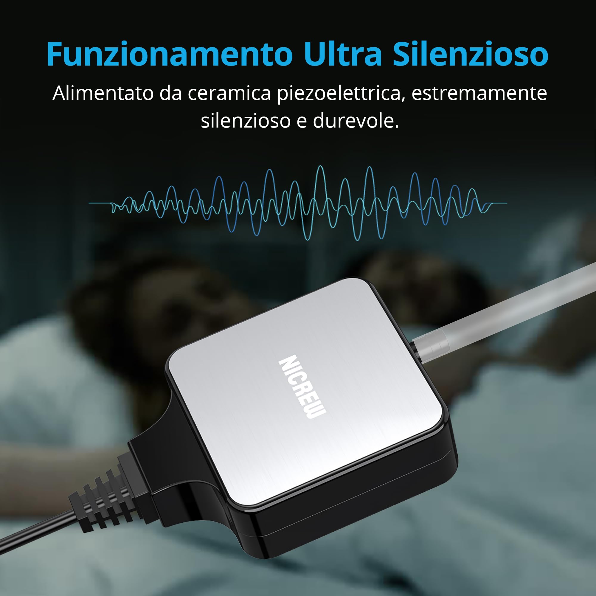 NICREW Nano Silent Max Ossigenatore per Acquario 40-80 L, Accessori per Acquari Ultra-Silenzioso <35 dB Con Valvola di controllo, Efficienza energetica 1,5 W, 36 L/h