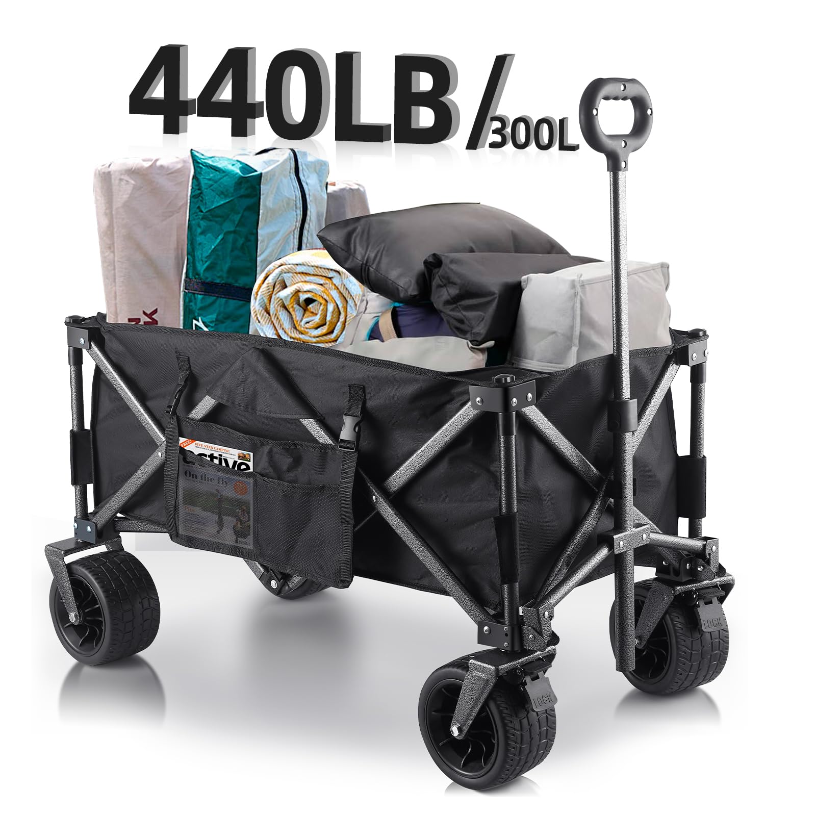 Collapsible Folding Wagon, 440lbs Wagon Cart Beach Cart Heavy Duty Foldable, Outdoor Utility with Silent Universal Wheels, Side Pockets, Adjustable Handle for Picnic, Shopping, Camping, Garden (Black)