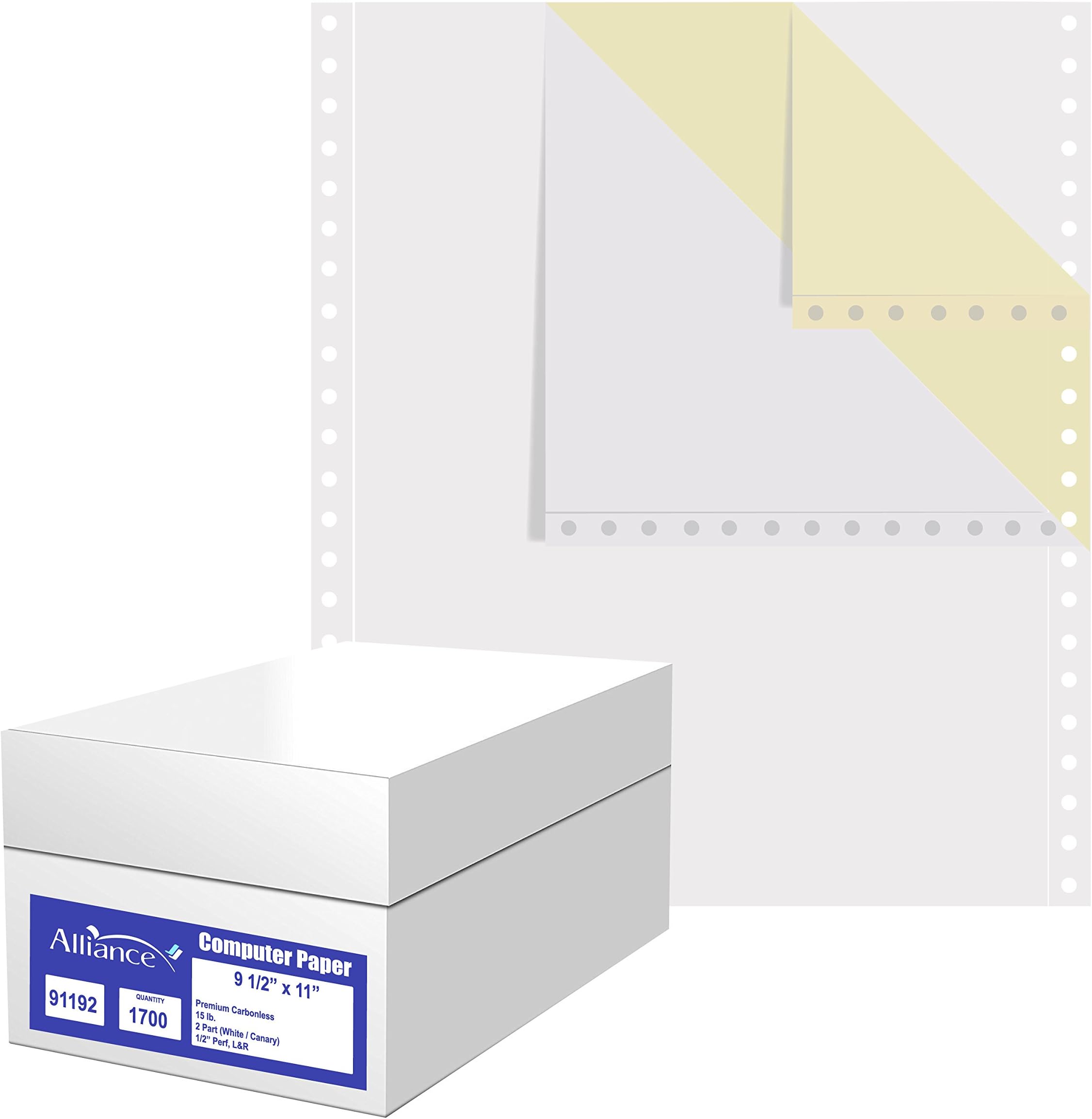 Alliance Continuous Carbonless Computer Paper 9.5 x 11, Blank Left and Right Perforated, 15 lb, 2-Part White/Canary (1,700 Sheets) - Made In The USA