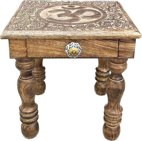 Miniatura 5 de DharmaObjects Mesa de meditación de altar de altar de oración tallada a mano de madera maciza de mango (OM)