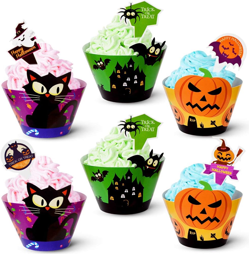 90pack Halloween Cupcake Decorations 45 Cupcake Wrapper 45 Cupcake Toppers Liner Muffin Cases Pumpkin Spider Ghost Halloween Party Supplies Party Favors Baby Shower Party Birthday Decoration CooFood