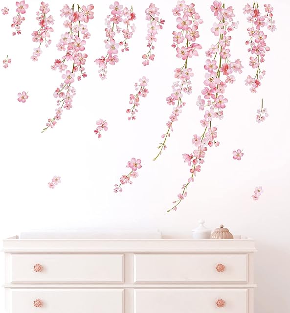 wondever Hanging Vines with Cherry Blossom Wall Stickers Pink Flower Peel and Stick Wall Art Decals for Living Room Bedroom TV Background
