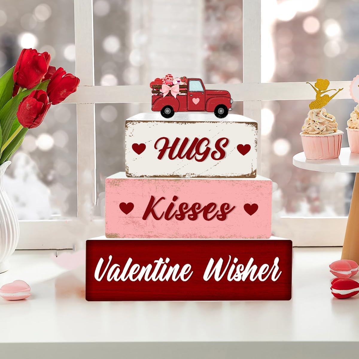 4 Pcs Valentine's Day Decorations Reversible St. Patrick's Day Table Sign Centerpiece Wooden Truck Desk Decor Double Side Irish Tiered Tray Decor for Table Shelf Mantel Farmhouse Home Decor - Image 3