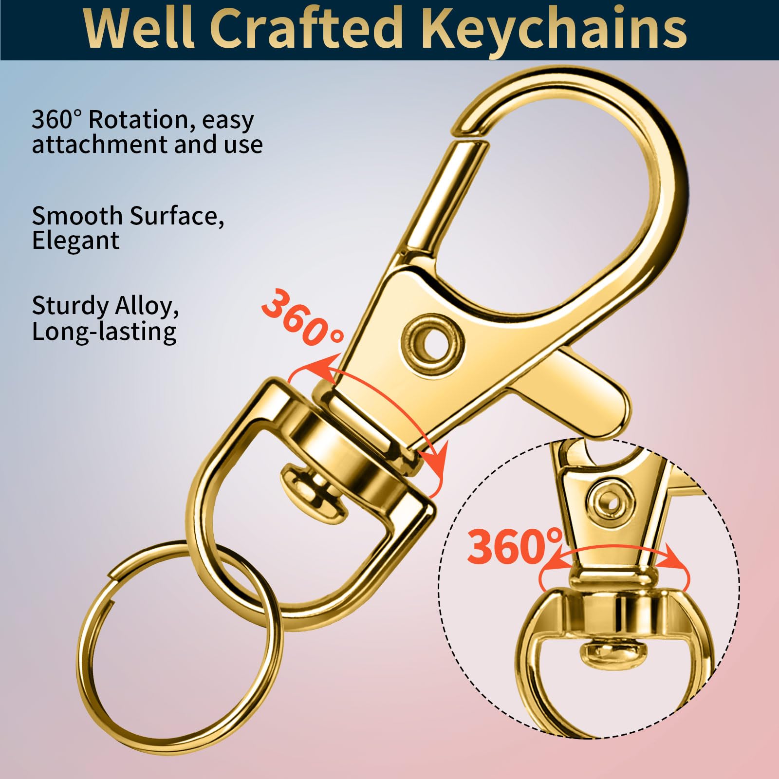 60 ganchos giratorios y llaveros, clips para llavero y anillos, cierres de pinza de langosta para llaveros, joyas, manualidades, oro 3