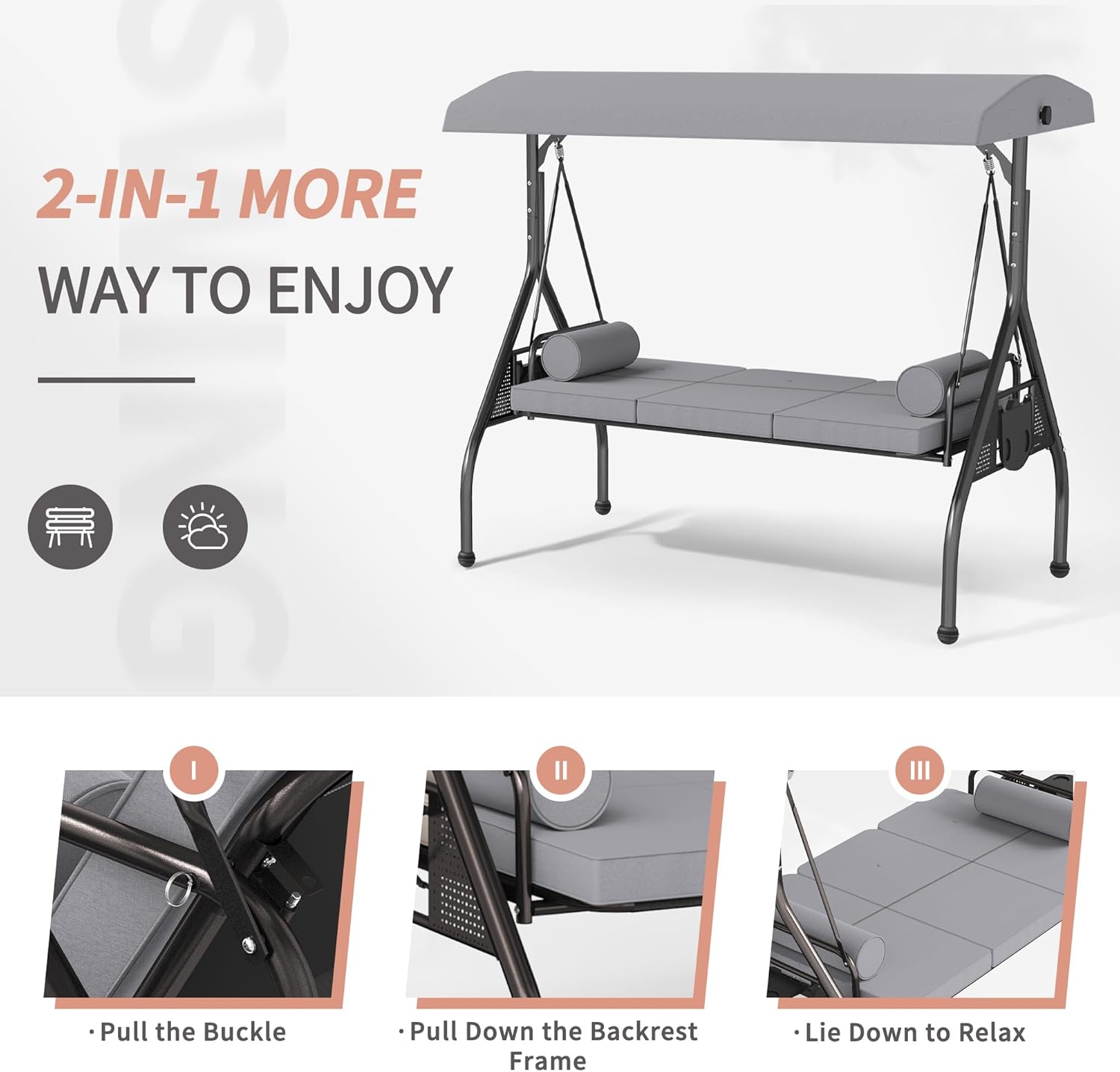 Crownland 3-Seat Patio Porch Swing with Adjustable Tilt Canopy, Outdoor Bench Swing with Removable Cushions, Cup Holder and Pillow for Garden, Poolside, Balcony, Backyard(Grey), Gray