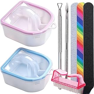 Nail Soaking Bowl, Borogo 2PCS Soak Off Gel Polish Dip Powder Remover Manicure Bowl for Acrylic Nails, Nail Brush, Cuticle Pusher, Cuticle Peeler, 100/180 Nail File, Buffer Block